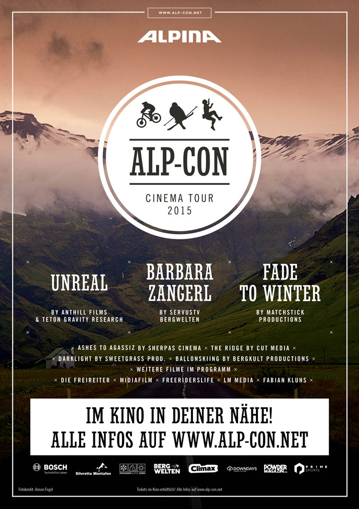 Alp-Con CinemaTour 2015 Tourplakat Im Programm u.a. Anthill Films, TGR, MSP FIlms, Sherpas Cinema, Sweetgrass Productions, Cut Media,...